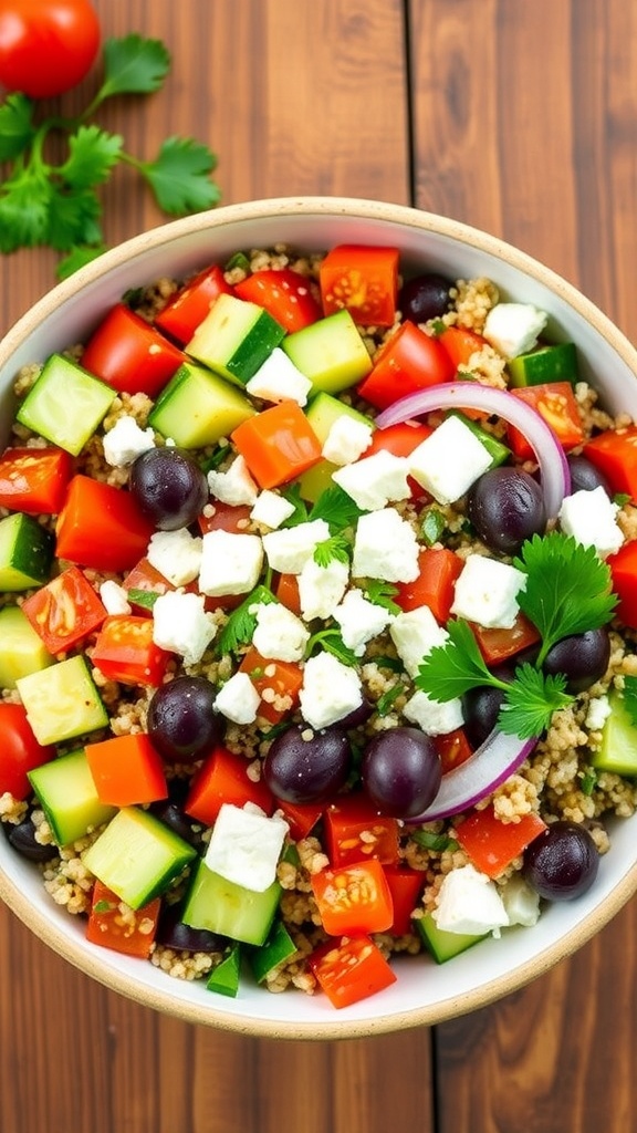 A colorful Greek quinoa salad with tomatoes, cucumbers, bell peppers, olives, and feta cheese on a wooden table.
